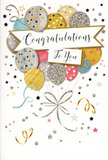 In this image, a refined congratulations card is illustrated with a central bouquet of balloons, arranged with the same sense of balance and celebration you might find in a floral display delivered around Blackfriars and the City of London. The balloons sit clustered together, rounded and buoyant, coloured in an elegant mix of muted metallic gold, soft silver, champagne cream, gentle sky blue, rosy pink, and smooth grey. Each one is embellished with fine decorative details - dainty star patterns, slim horizontal stripes, and areas of sparkling glitter - so that the cluster shimmers visually like city lights reflected in the Thames by Blackfriars Bridge after dark. From their base, thin gold and silver ribbons twist and curl downward, lightly sketched to convey motion, as though they might sway if someone walked past in a nearby office corridor. Surrounding this central motif, a scattering of tiny stars, dots of confetti, and curling streamers drifts across a pale, uncluttered background, adding rhythm and a sense of delighted chaos, like confetti thrown at a surprise celebration on a terrace overlooking the river. Across the middle of the design, a ribbon-like banner flows from side to side, carrying the message Congratulations To You in elegant, sweeping calligraphy that appears subtly raised above the surface. The combination of smooth printing, glimmering accents, and implied texture makes the card feel sophisticated yet warmly personal. It is easy to imagine this card propped beside a vase of fresh congratulatory flowers on a desk near Ludgate Hill or Queen Victoria Street, marking a new role, qualification, or milestone with quiet, heartfelt pride.